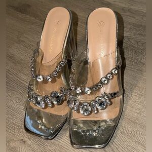 Olivia + Kate Crystal-Trim Clear Heels — Silver
